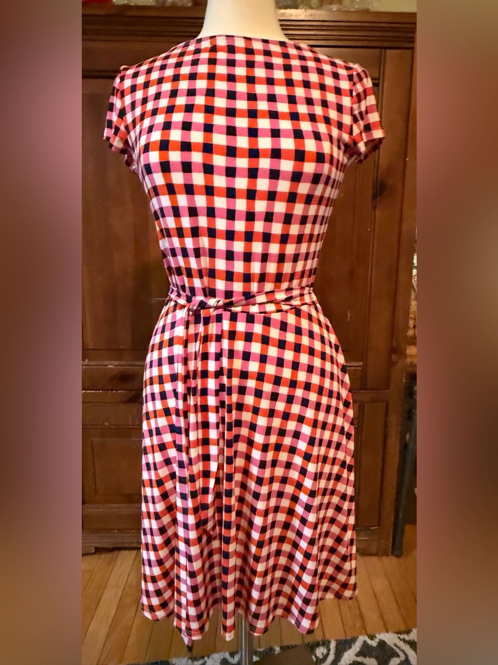 Leota New York Gingham Check Belted Dress Size M Pink Orange Navy